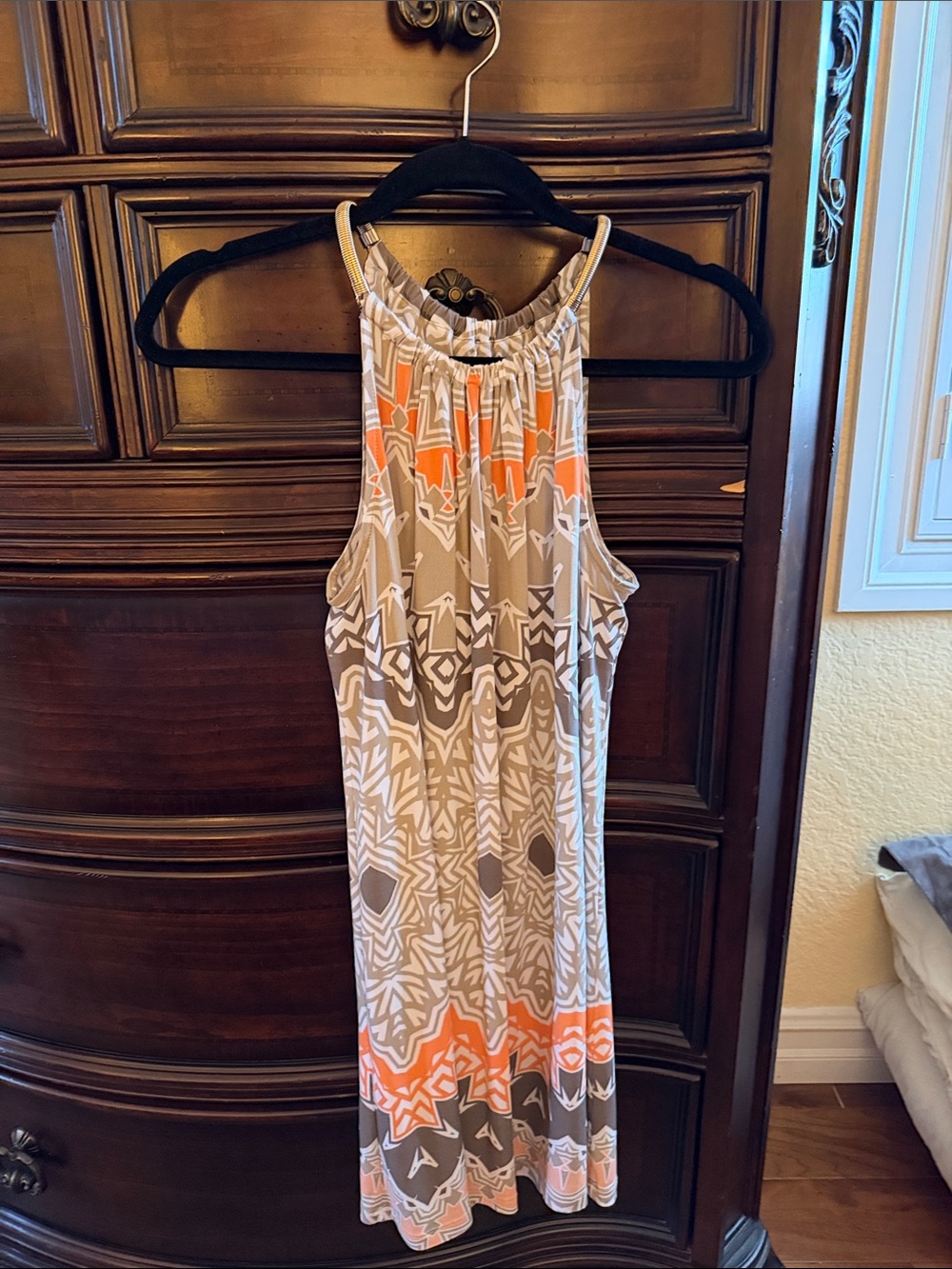 Alfani Beige Orange White Patterned Halter Midi Dress